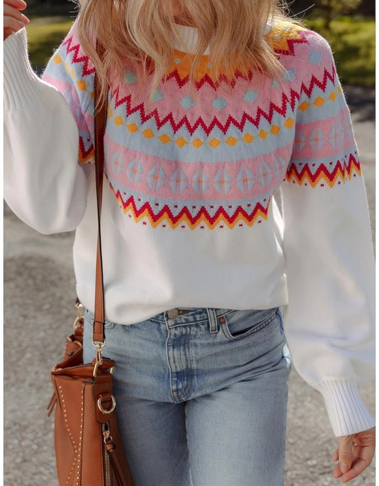 White Ethnic Geometric Colorblock Print Drop Shoulder Sweater