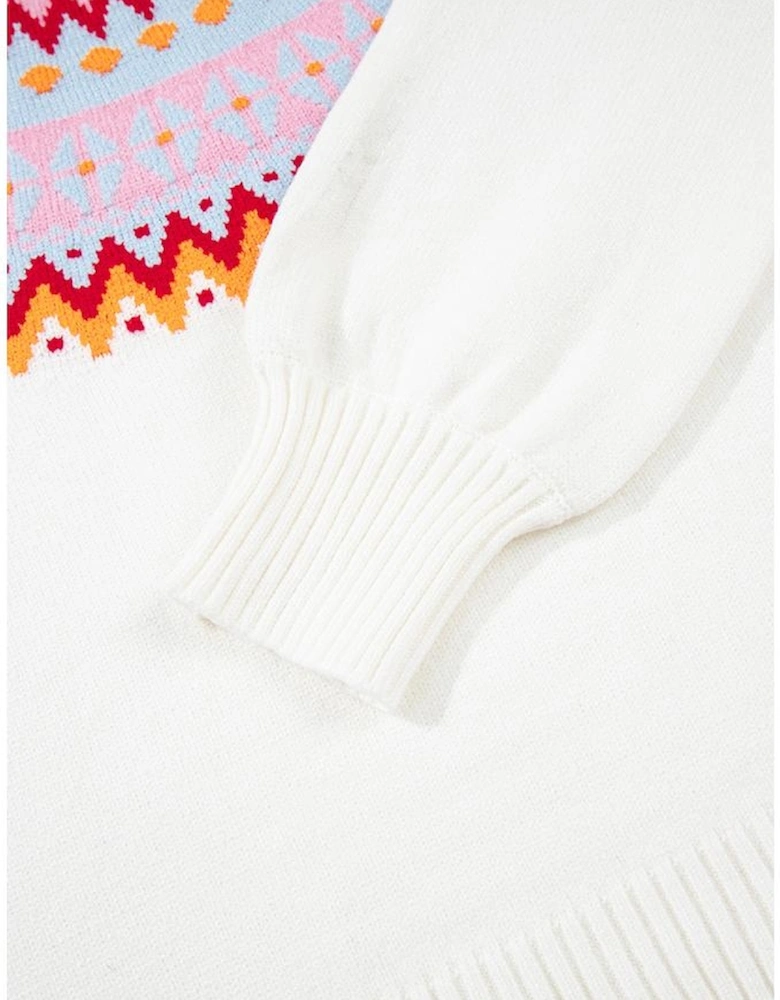 White Ethnic Geometric Colorblock Print Drop Shoulder Sweater