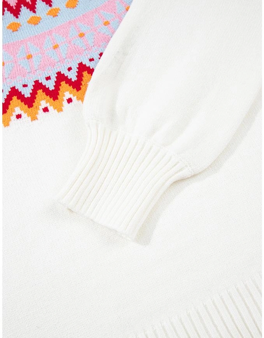 White Ethnic Geometric Colorblock Print Drop Shoulder Sweater