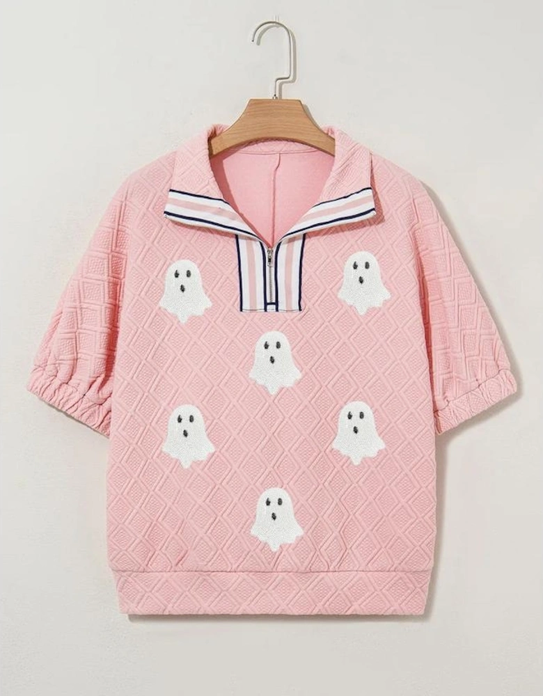 Light Pink Sequin Halloween Ghost Patched Textured Knit Contrast Collar Short Sleeve Top