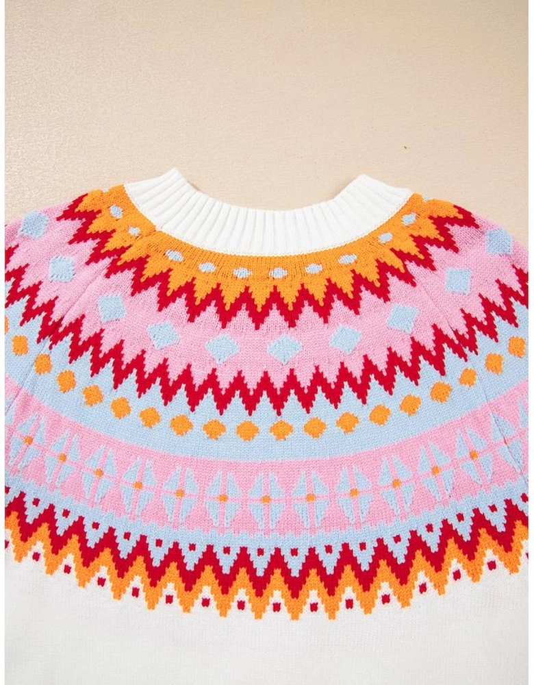 White Ethnic Geometric Colorblock Print Drop Shoulder Sweater