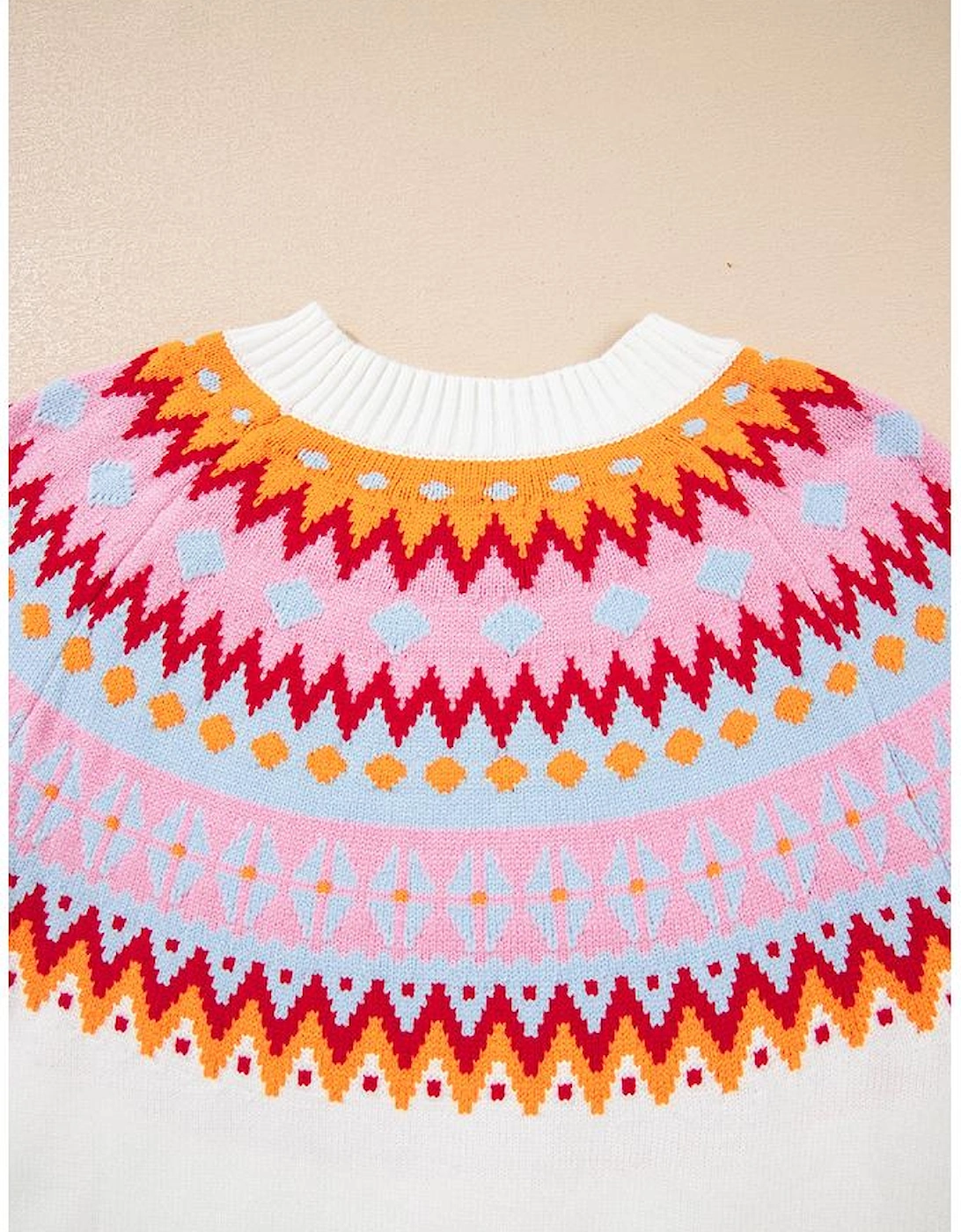 White Ethnic Geometric Colorblock Print Drop Shoulder Sweater