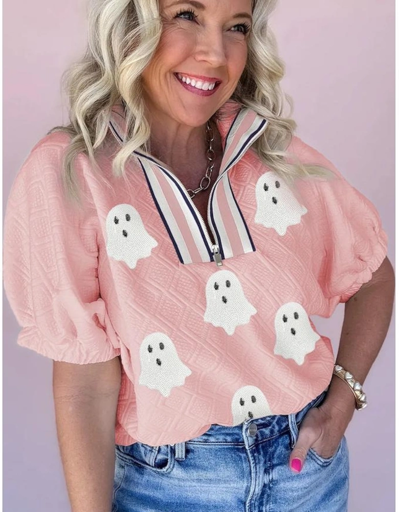 Light Pink Sequin Halloween Ghost Patched Textured Knit Contrast Collar Short Sleeve Top