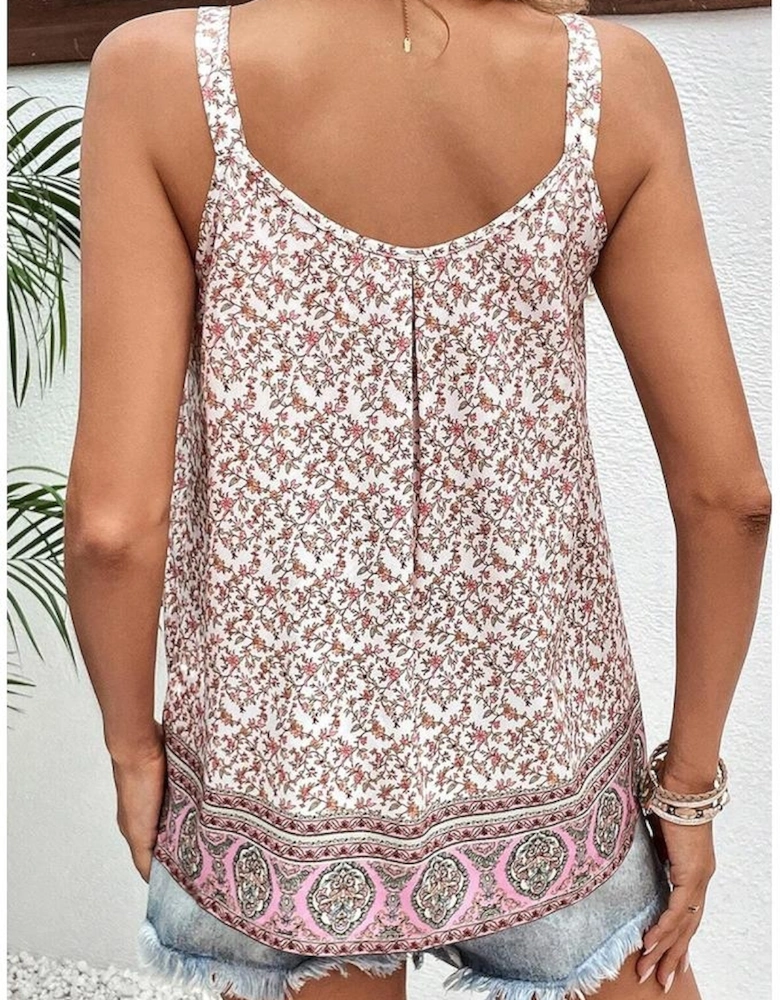 Pink Bohemian Floral Pleated U Neck Vest