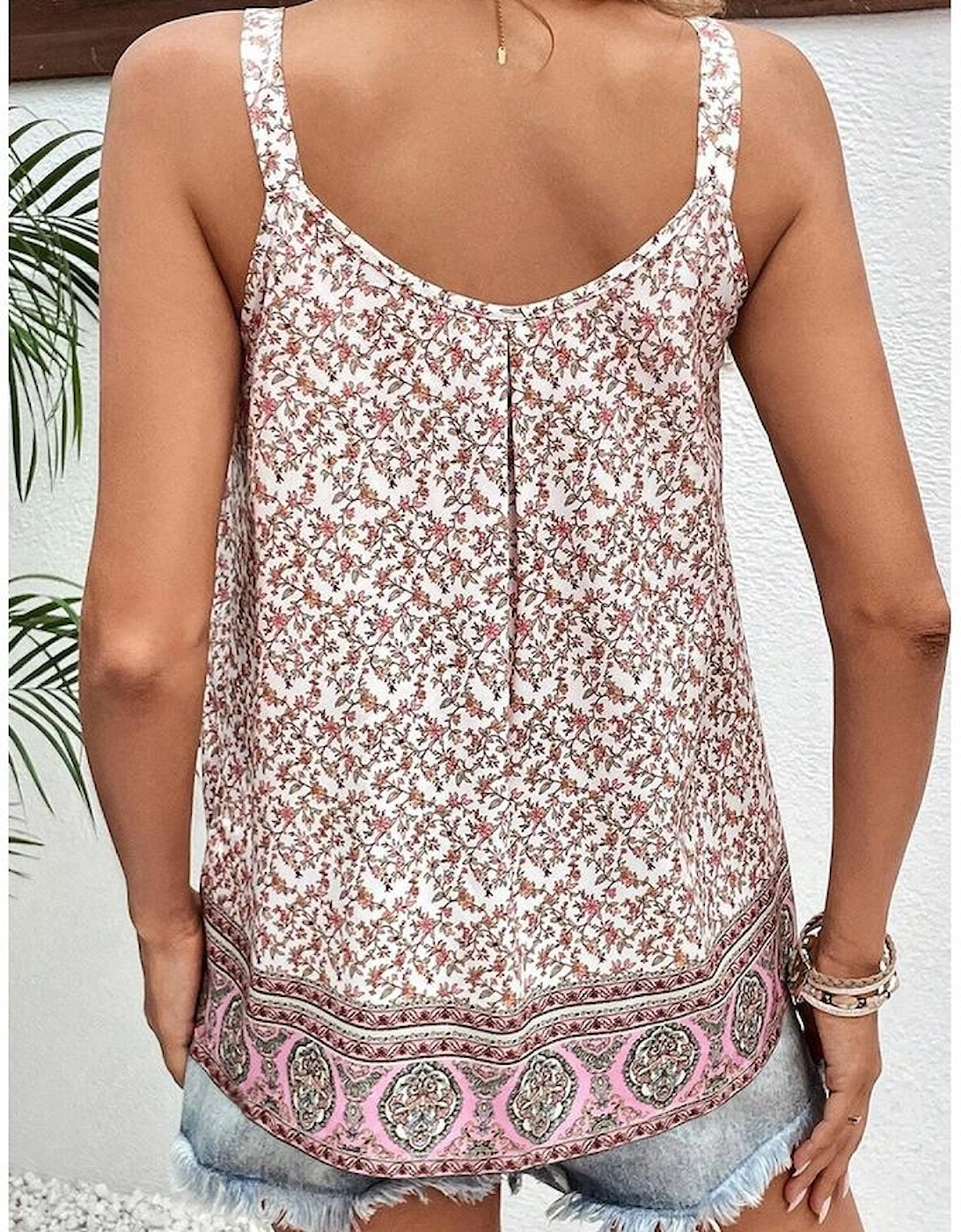 Pink Bohemian Floral Pleated U Neck Vest