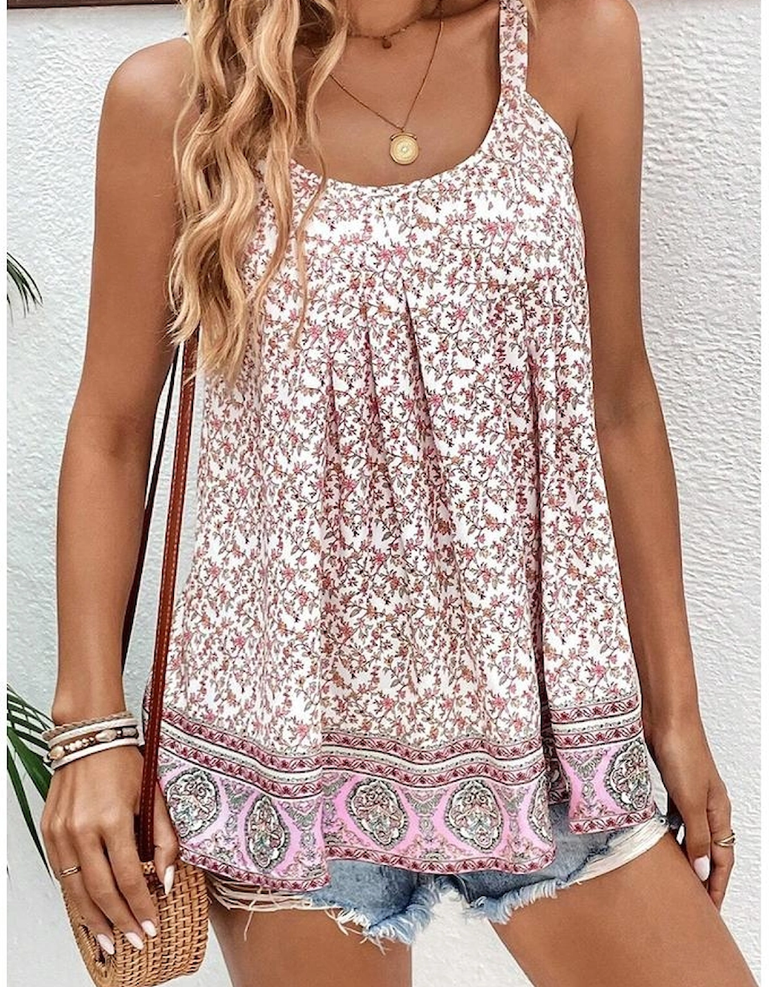 Pink Bohemian Floral Pleated U Neck Vest
