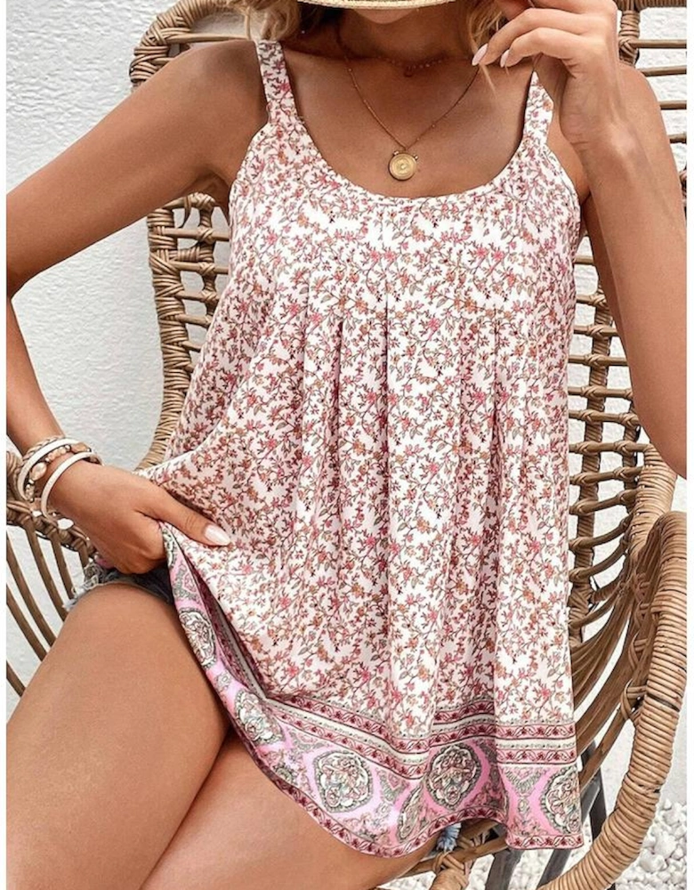 Pink Bohemian Floral Pleated U Neck Vest