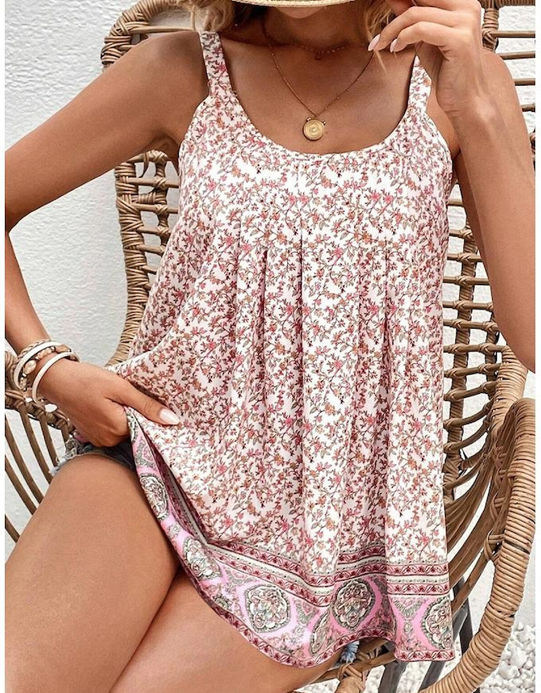 Pink Bohemian Floral Pleated U Neck Vest