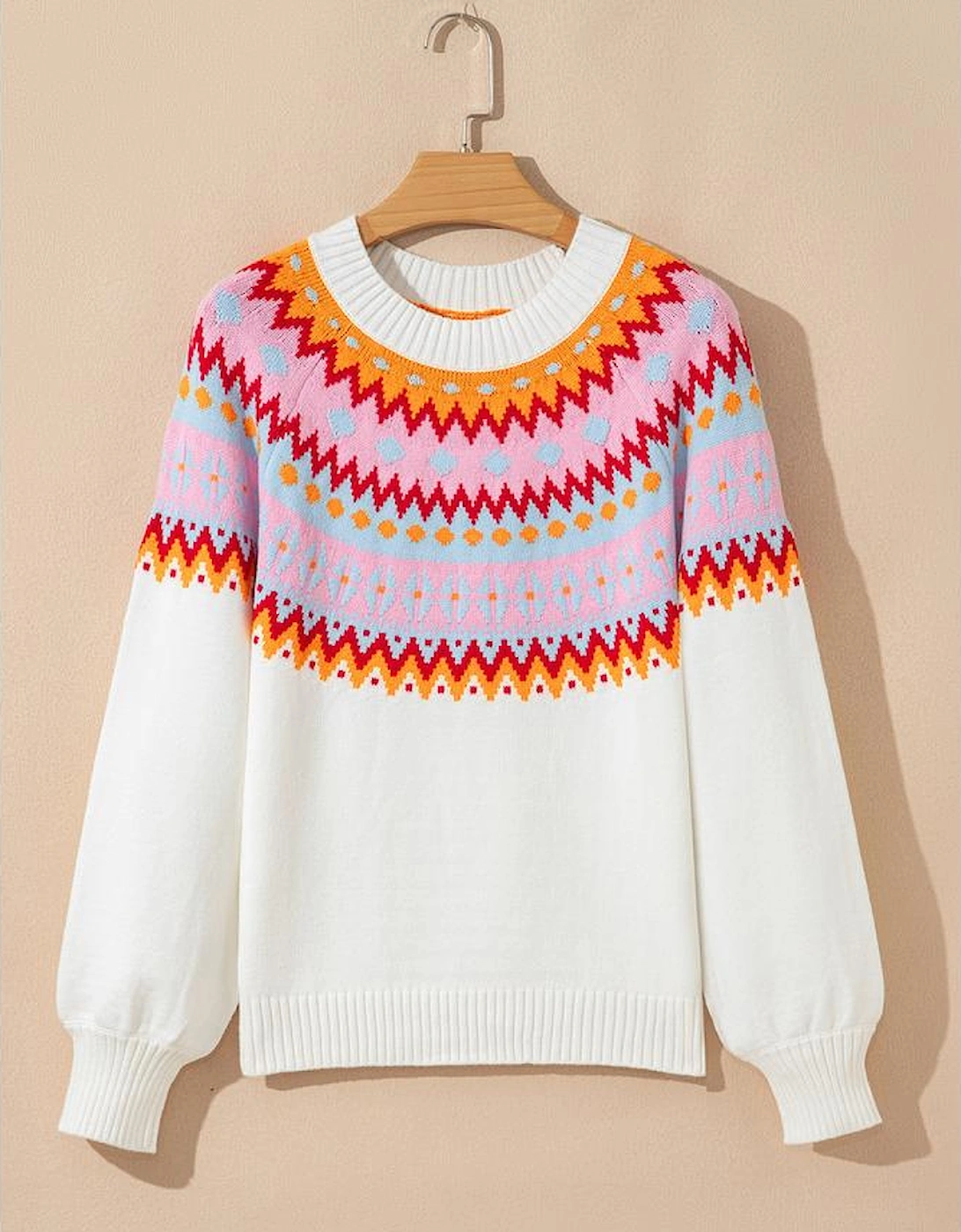 White Ethnic Geometric Colorblock Print Drop Shoulder Sweater