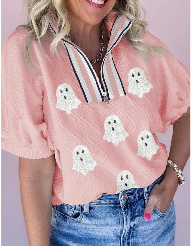 Light Pink Sequin Halloween Ghost Patched Textured Knit Contrast Collar Short Sleeve Top
