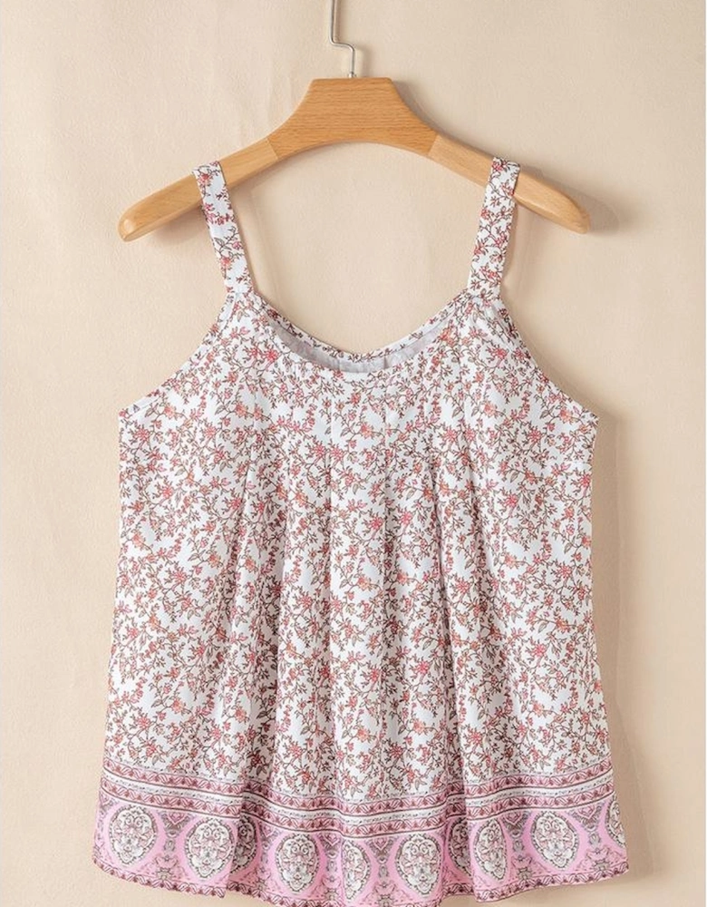 Pink Bohemian Floral Pleated U Neck Vest