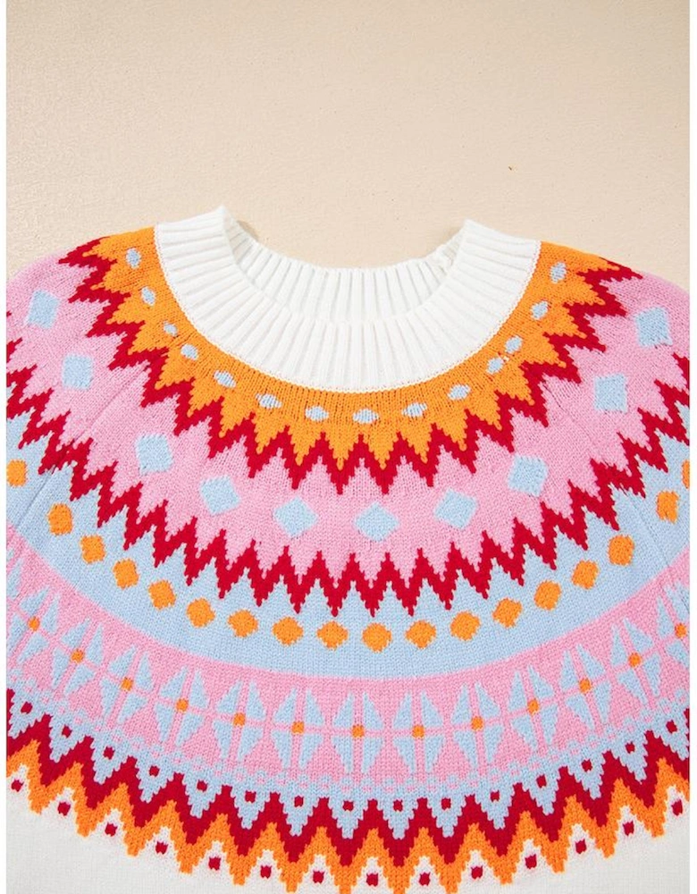 White Ethnic Geometric Colorblock Print Drop Shoulder Sweater