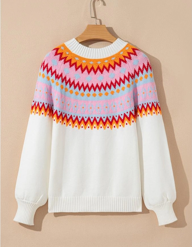 White Ethnic Geometric Colorblock Print Drop Shoulder Sweater