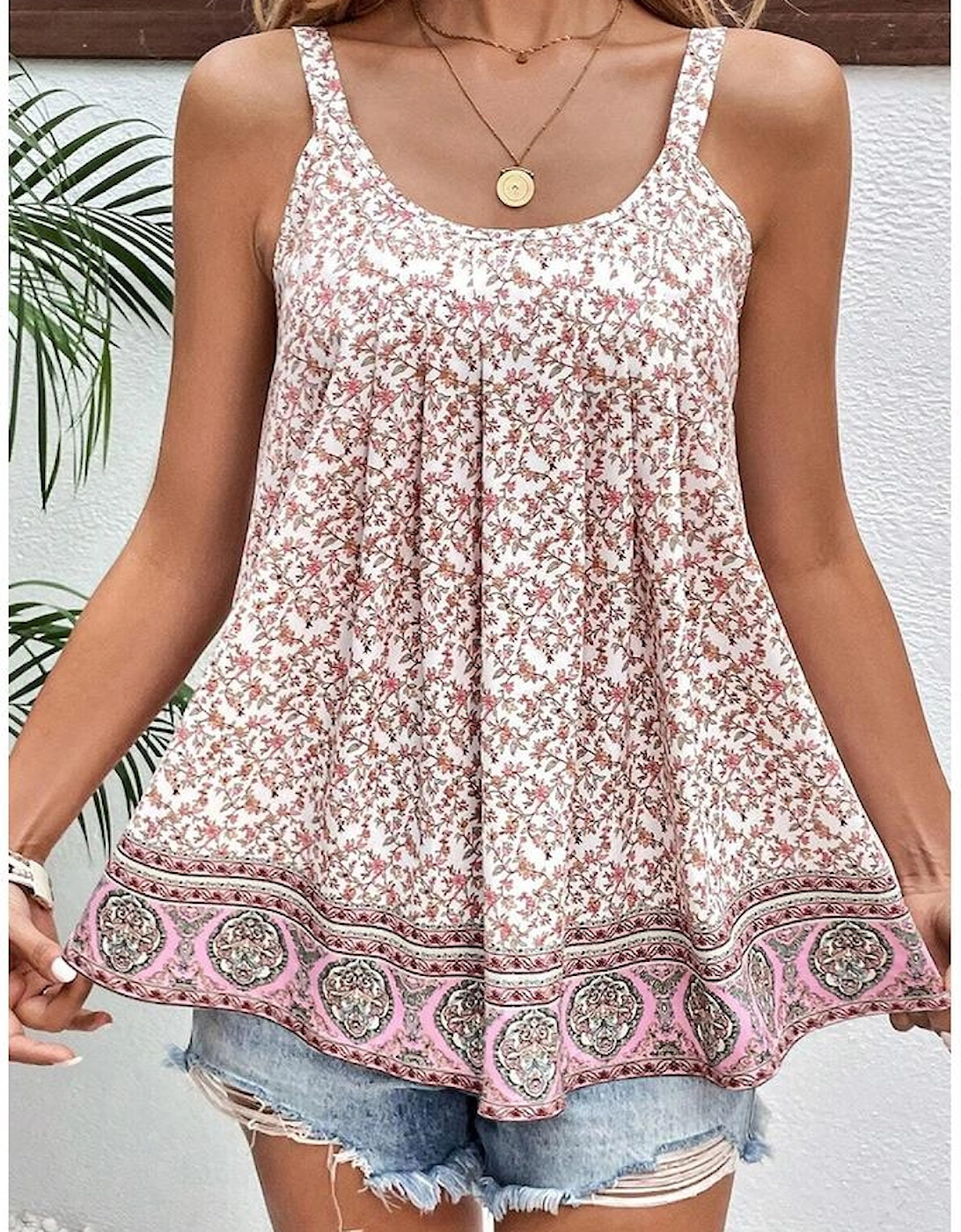 Pink Bohemian Floral Pleated U Neck Vest