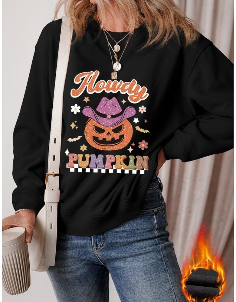Black Halloween Howdy PUMPKIN Print Crew Neck Pullover Sweatshirt