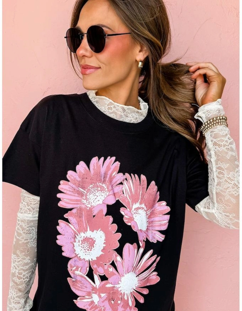 Black Pink Daisy Flower Printed Cotton Blend T Shirt