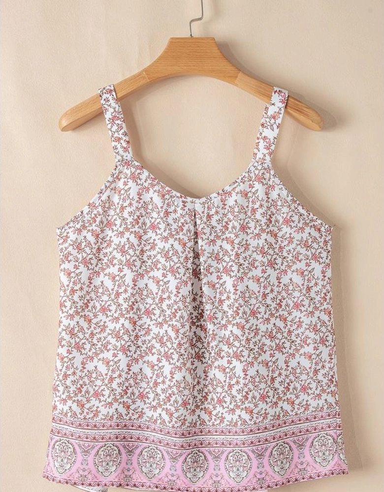 Pink Bohemian Floral Pleated U Neck Vest