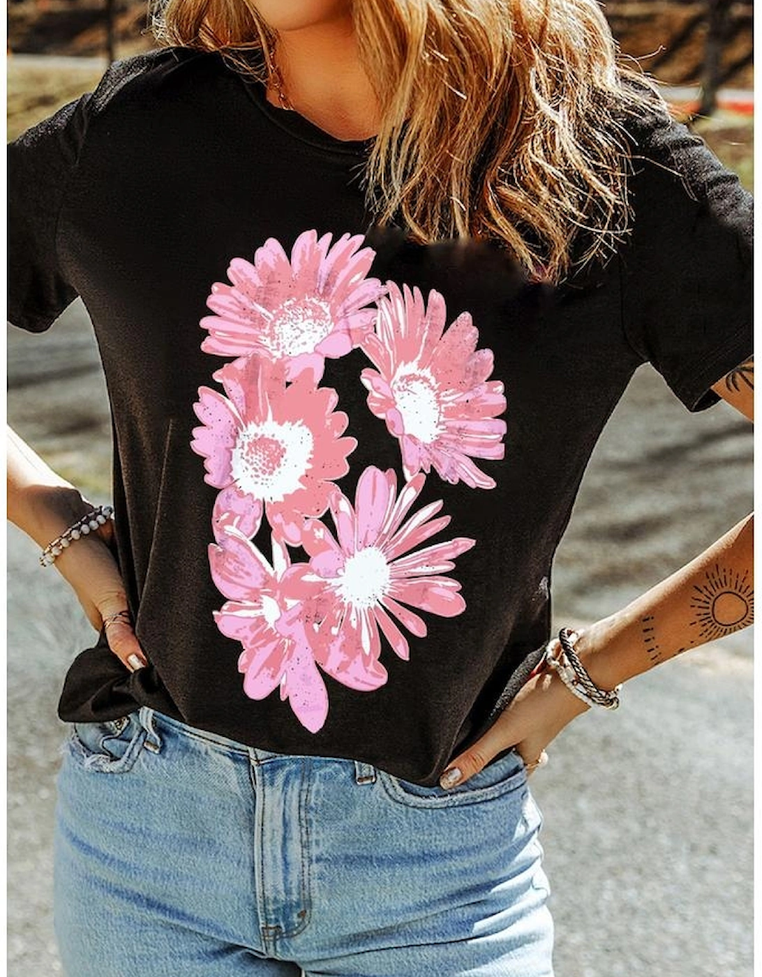 Black Pink Daisy Flower Printed Cotton Blend T Shirt