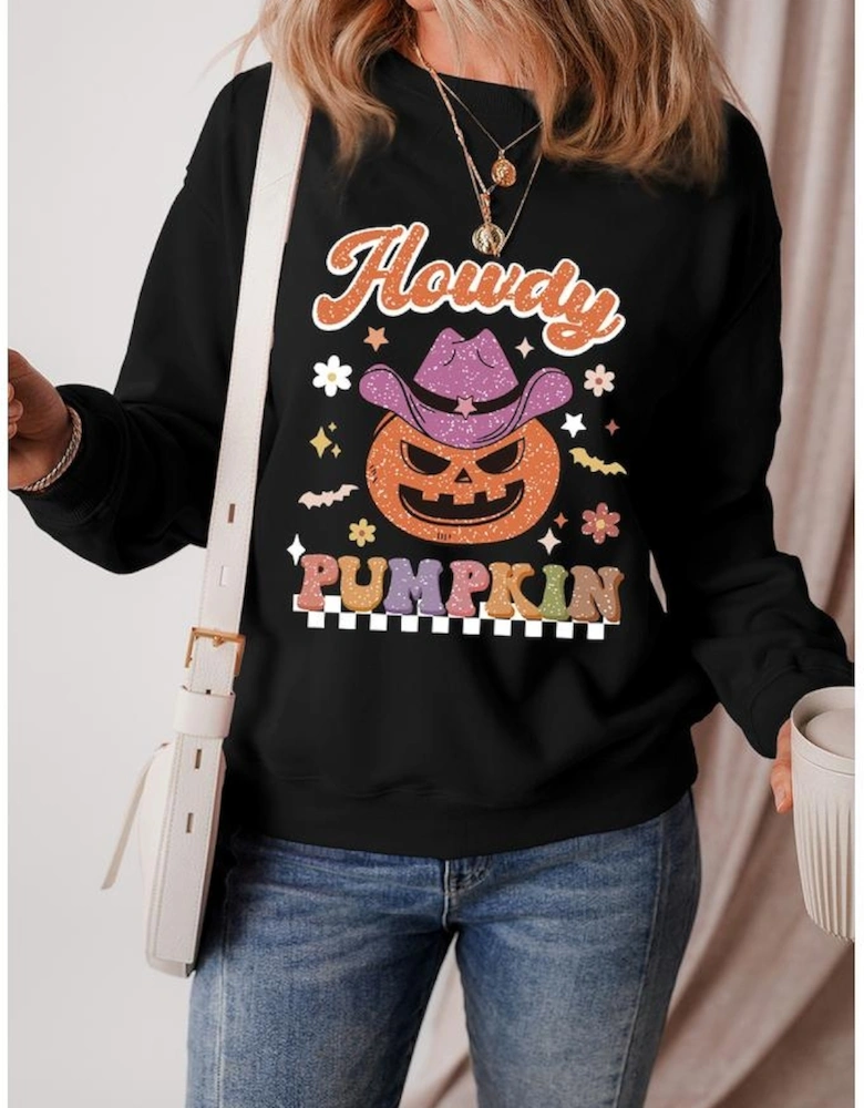 Black Halloween Howdy PUMPKIN Print Crew Neck Pullover Sweatshirt