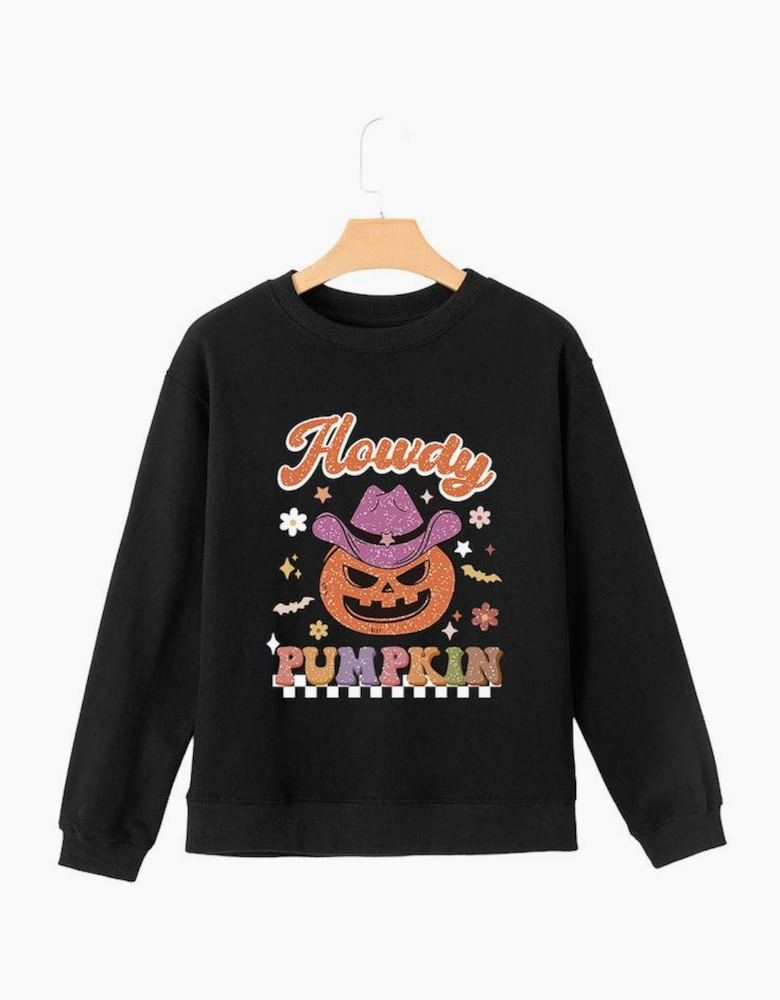 Black Halloween Howdy PUMPKIN Print Crew Neck Pullover Sweatshirt