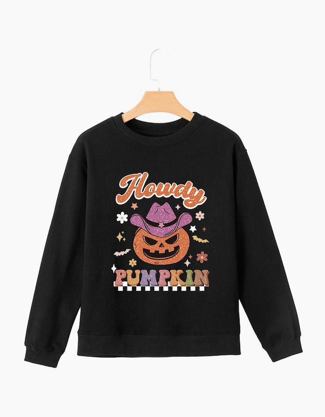 Black Halloween Howdy PUMPKIN Print Crew Neck Pullover Sweatshirt