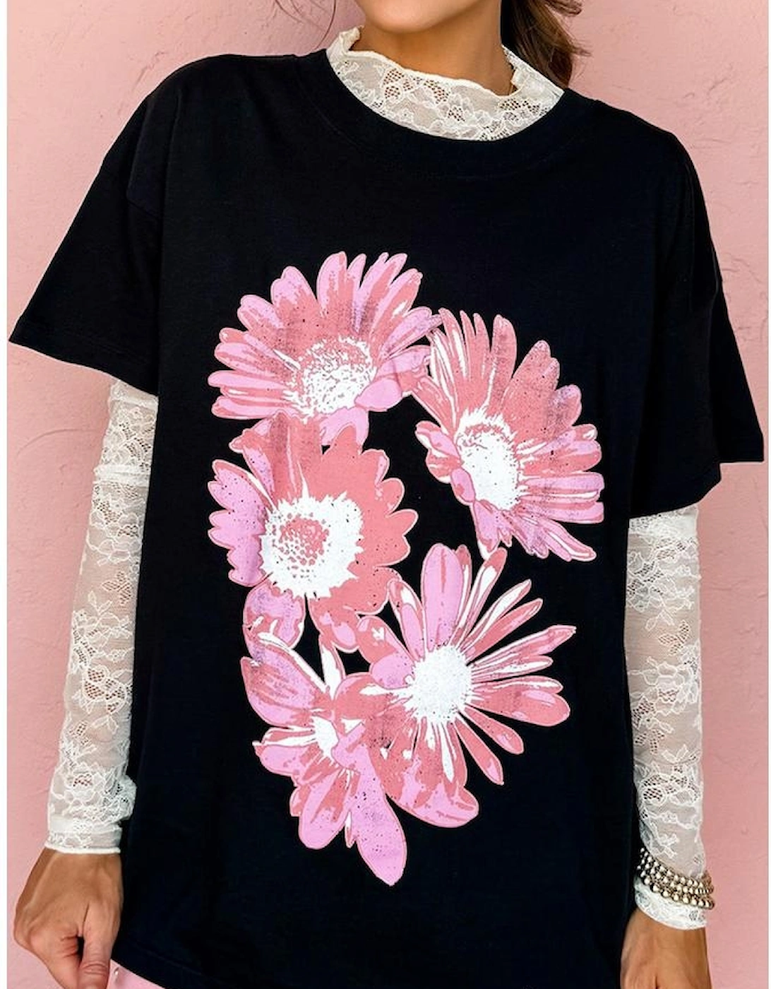 Black Pink Daisy Flower Printed Cotton Blend T Shirt
