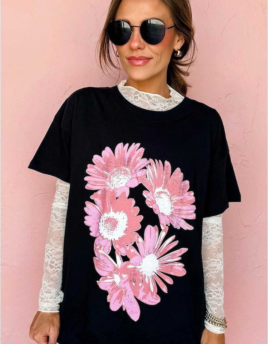 Black Pink Daisy Flower Printed Cotton Blend T Shirt