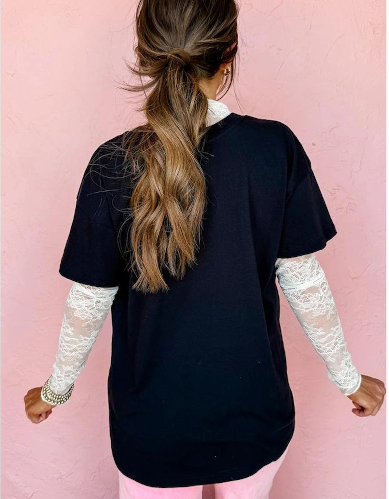 Black Pink Daisy Flower Printed Cotton Blend T Shirt