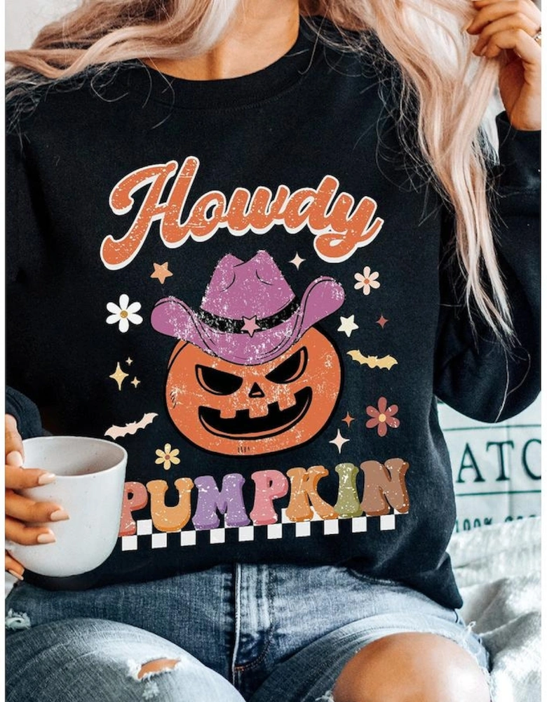 Black Halloween Howdy PUMPKIN Print Crew Neck Pullover Sweatshirt