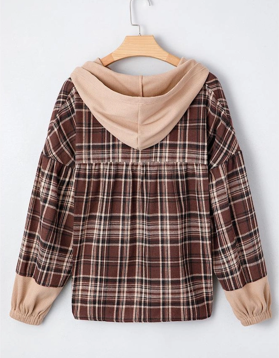 Brown Plaid Patchwork Long Sleeve Button Hooded Blouse