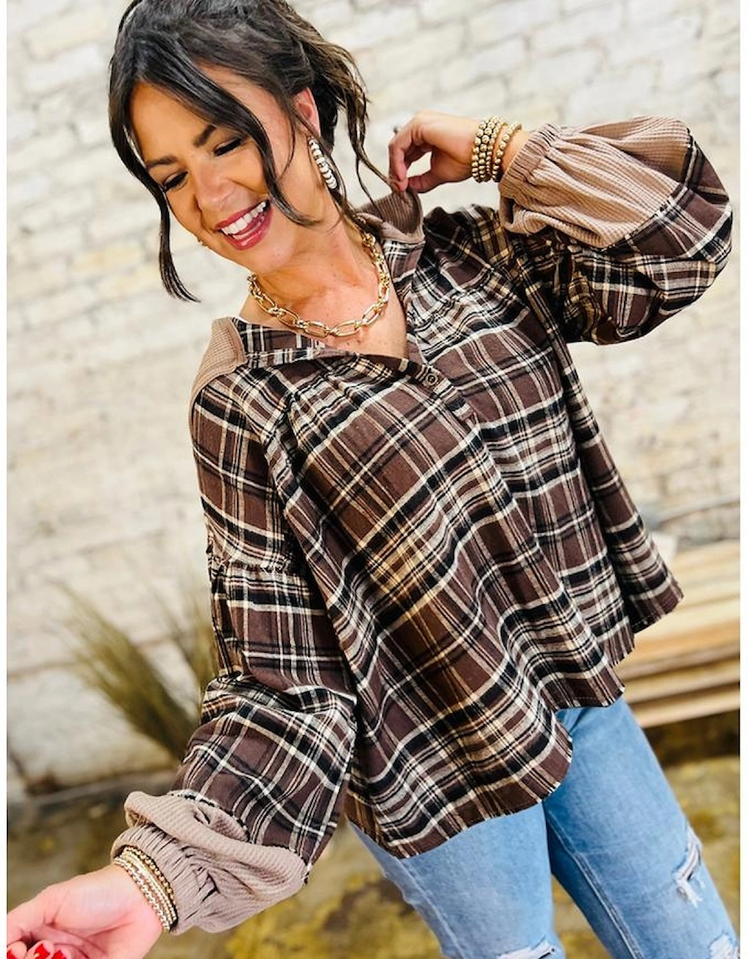 Brown Plaid Patchwork Long Sleeve Button Hooded Blouse