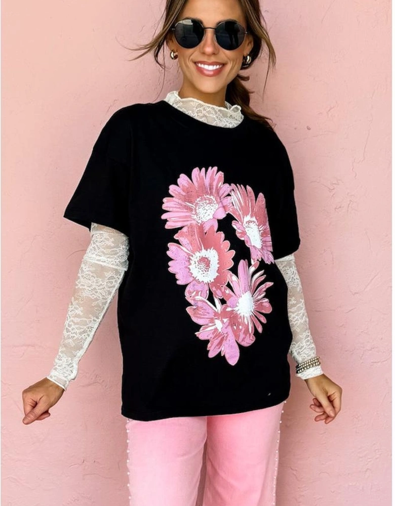 Black Pink Daisy Flower Printed Cotton Blend T Shirt