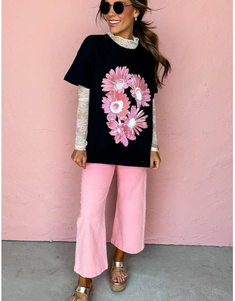 Black Pink Daisy Flower Printed Cotton Blend T Shirt