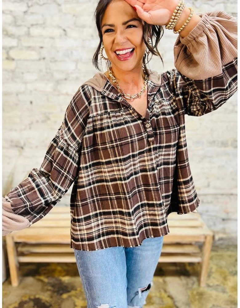 Brown Plaid Patchwork Long Sleeve Button Hooded Blouse