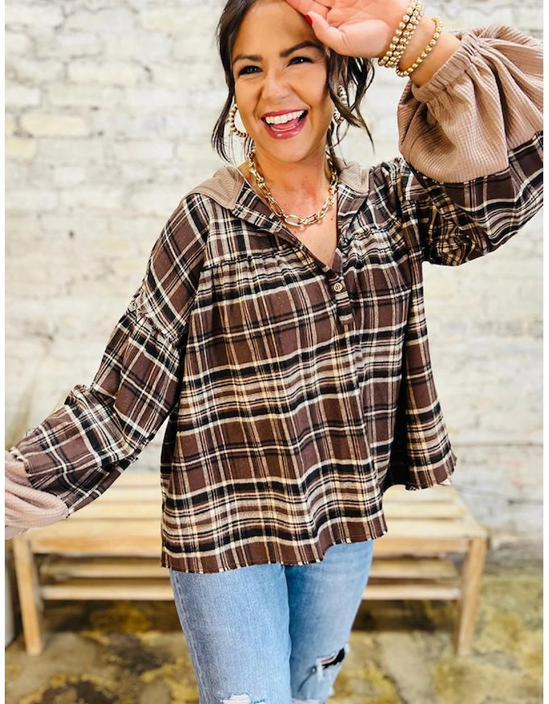 Brown Plaid Patchwork Long Sleeve Button Hooded Blouse