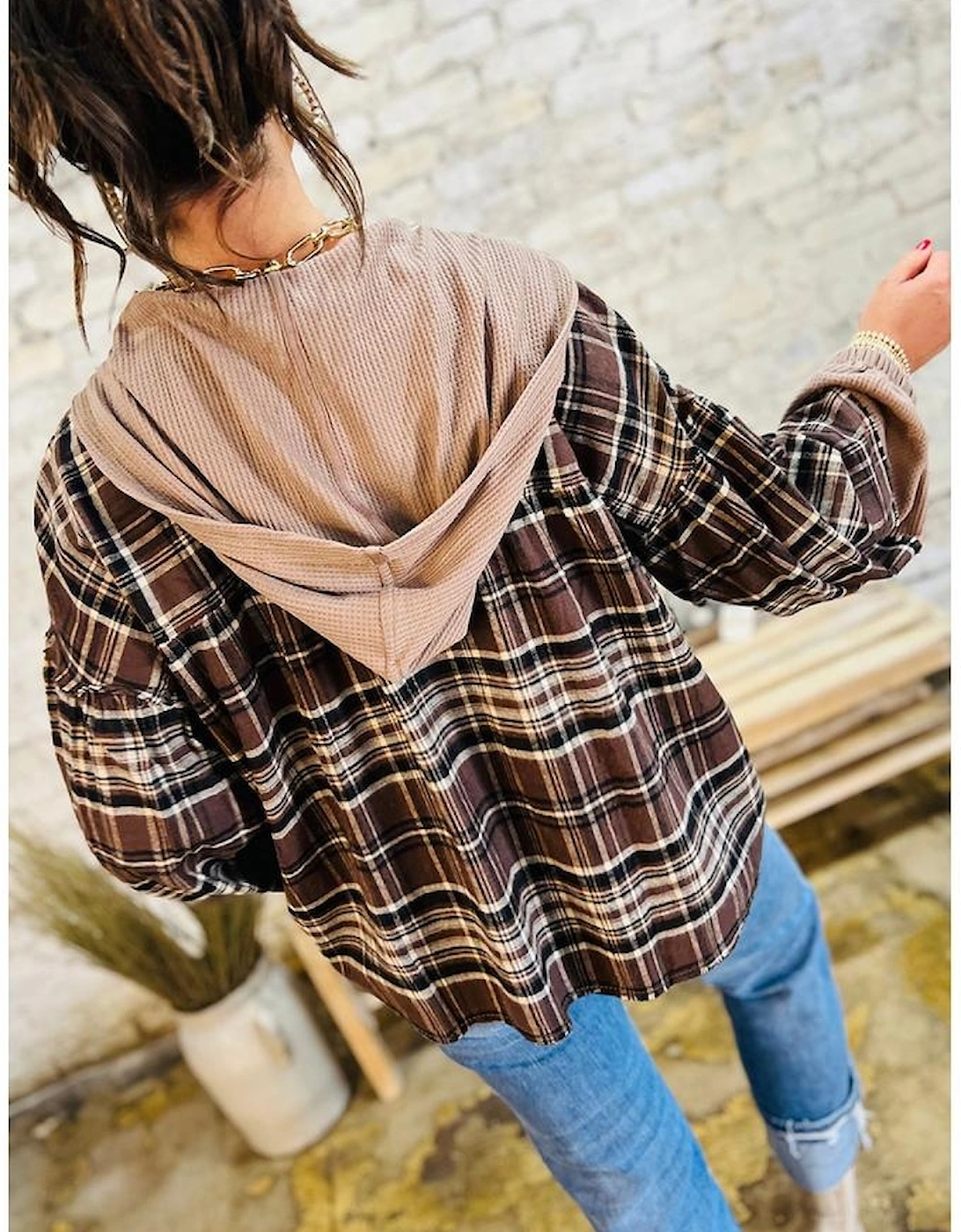 Brown Plaid Patchwork Long Sleeve Button Hooded Blouse, 16 of 15