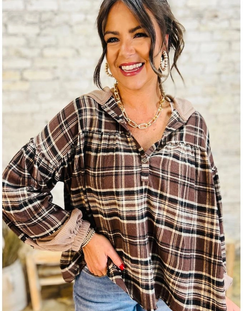 Brown Plaid Patchwork Long Sleeve Button Hooded Blouse