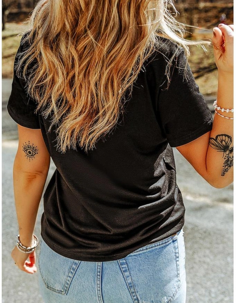 Black Pink Daisy Flower Printed Cotton Blend T Shirt