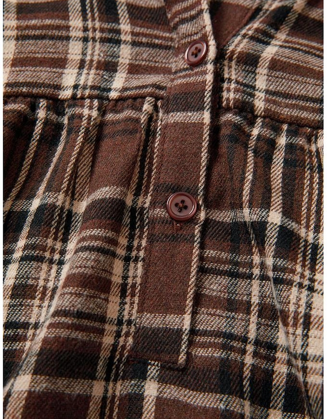 Brown Plaid Patchwork Long Sleeve Button Hooded Blouse
