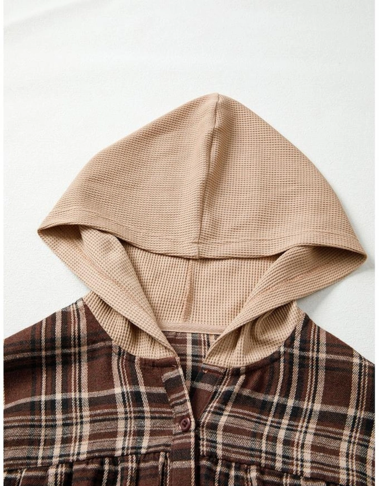 Brown Plaid Patchwork Long Sleeve Button Hooded Blouse