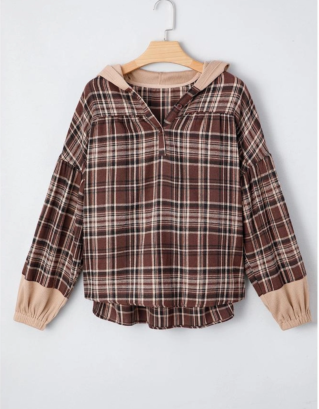 Brown Plaid Patchwork Long Sleeve Button Hooded Blouse