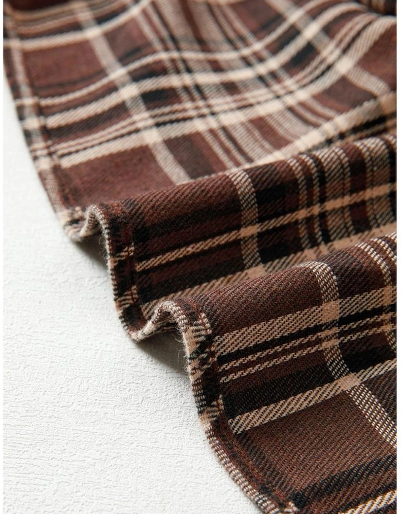 Brown Plaid Patchwork Long Sleeve Button Hooded Blouse