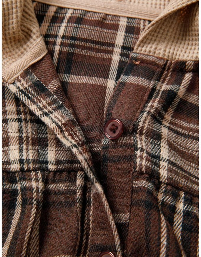 Brown Plaid Patchwork Long Sleeve Button Hooded Blouse