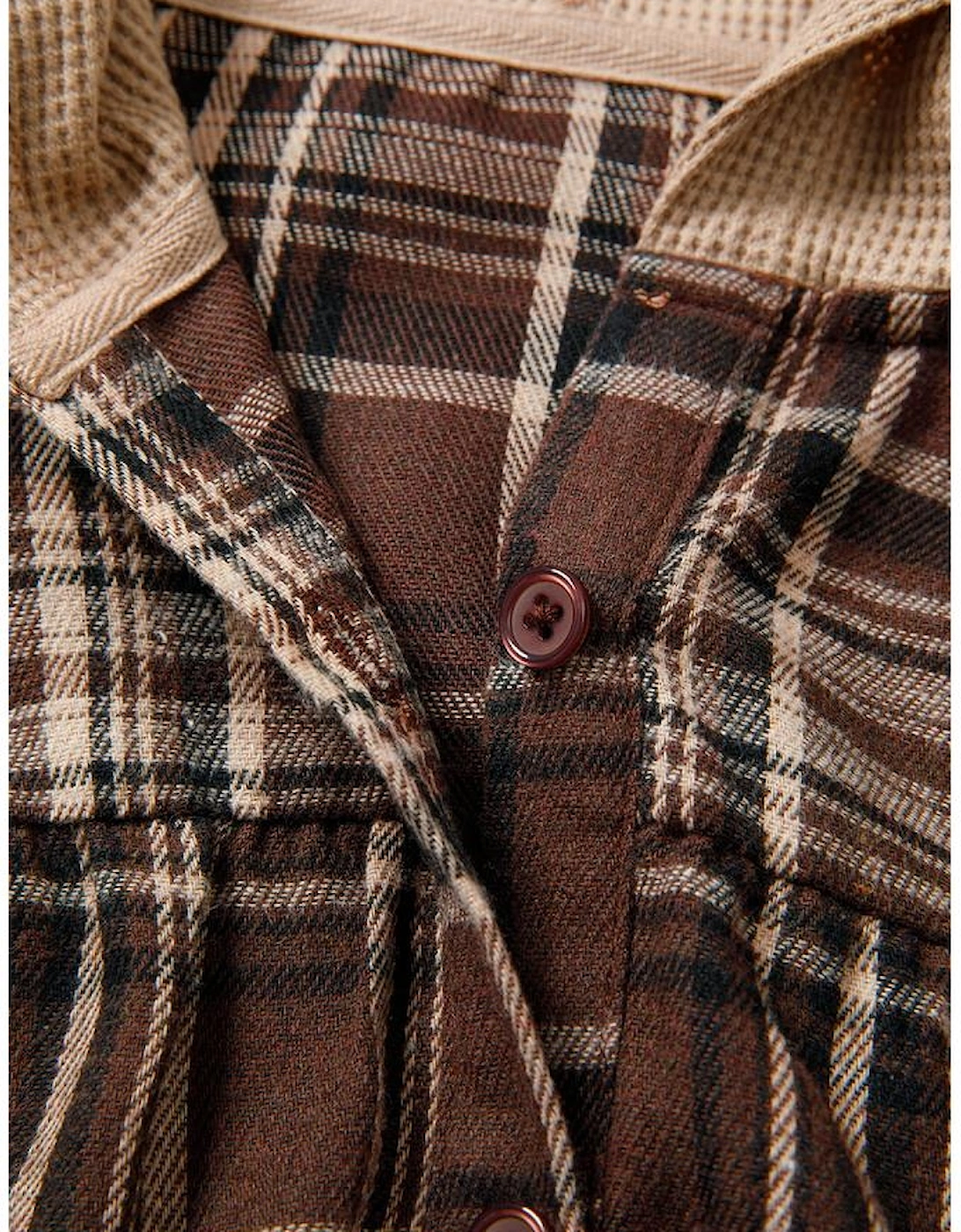 Brown Plaid Patchwork Long Sleeve Button Hooded Blouse