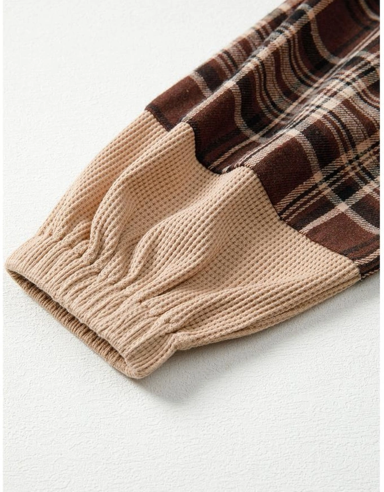 Brown Plaid Patchwork Long Sleeve Button Hooded Blouse