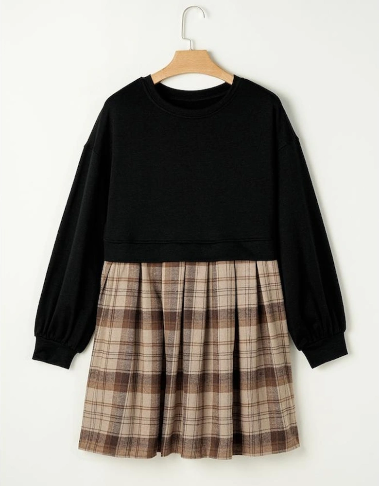 Black Plaid Patchwork High Waist Sweatshirt Mini Dress