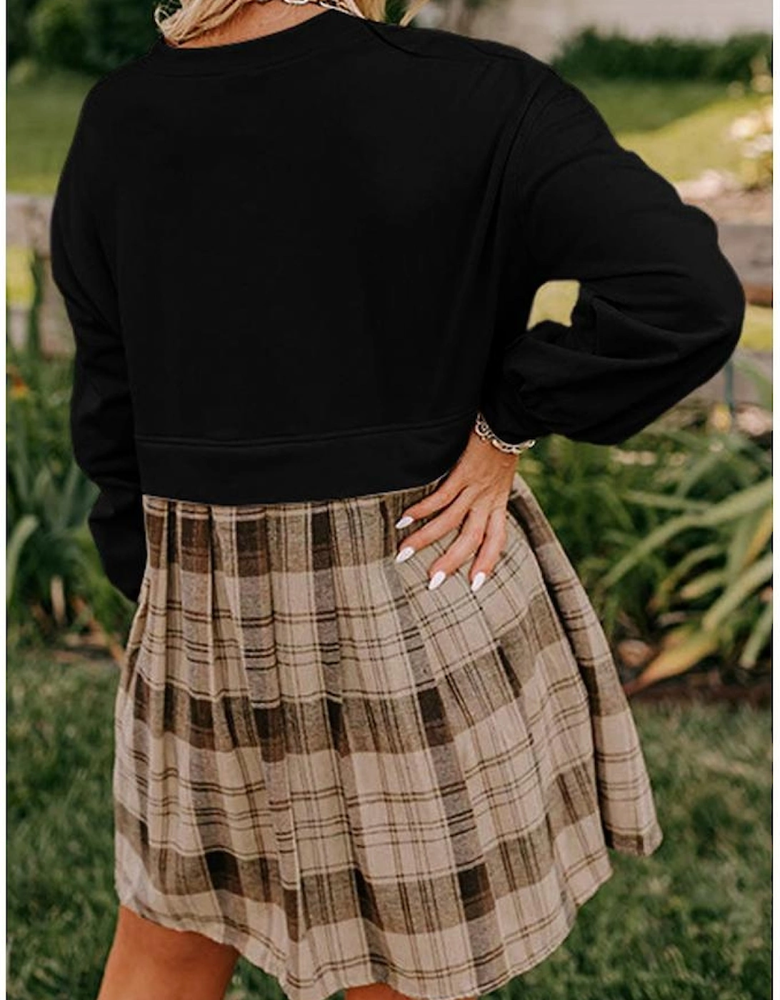 Black Plaid Patchwork High Waist Sweatshirt Mini Dress