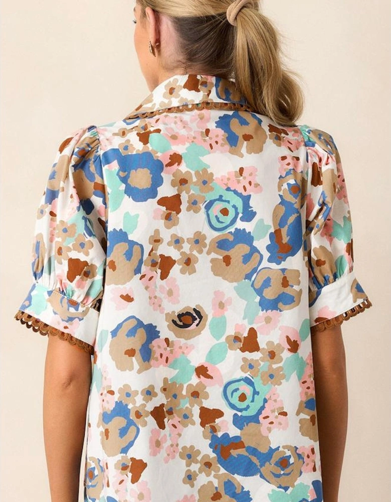 Multicolour Floral Print Ricrac Trim Collared Puff Short Sleeve Shirt