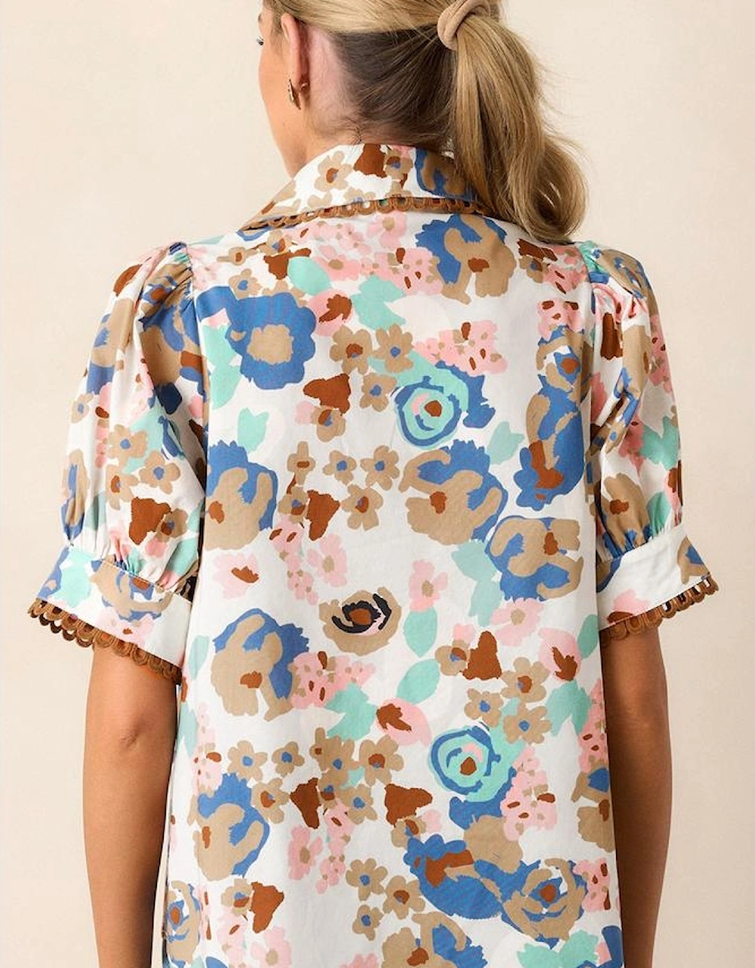 Multicolour Floral Print Ricrac Trim Collared Puff Short Sleeve Shirt, 16 of 15