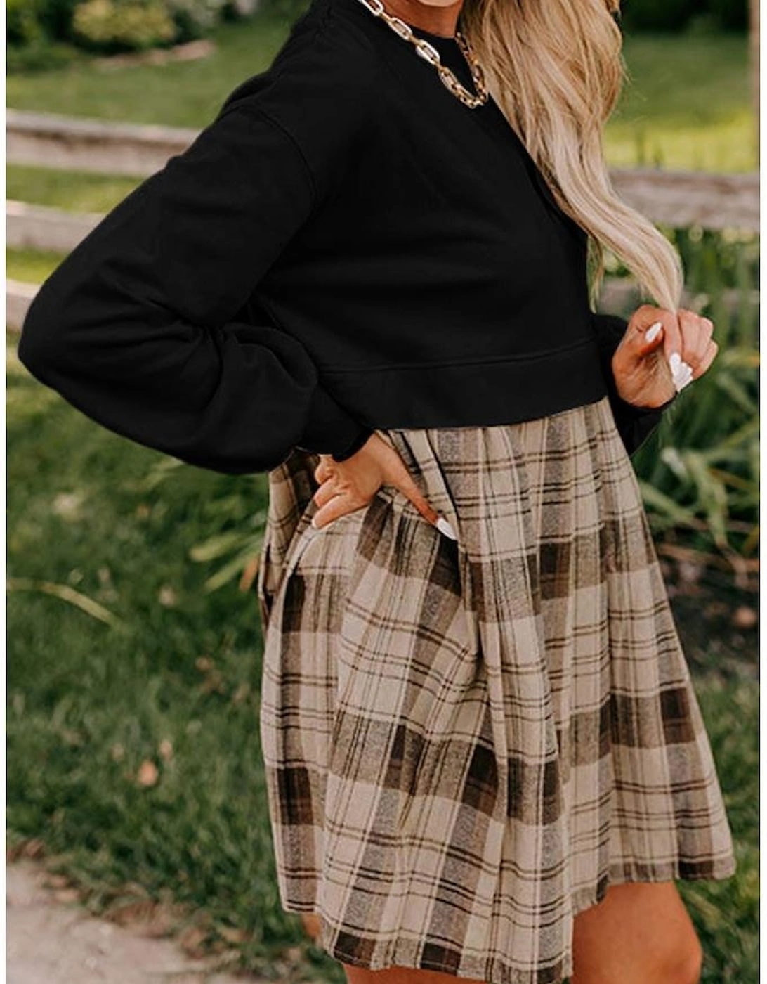 Black Plaid Patchwork High Waist Sweatshirt Mini Dress